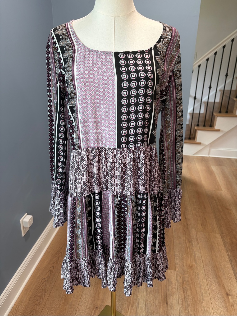 Easel Boho Patchwork Print Tiered Mini Dress Bell Sleeve Small